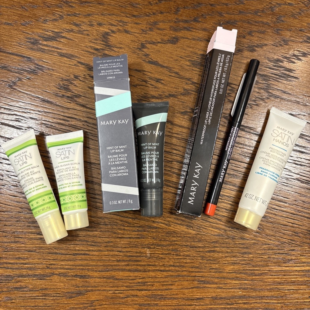 Mary Kay SET Tangerine Lip Liner, Mint Balm, Satin Lip Scrub/Balm, Satin Hands